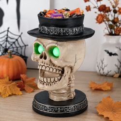 Halloween Skull Candle Holder with Glowing Green Eyes, Gothic Open Mouth Skeleton Head Statue with Black Top Hat, Spooky Tabletop Decor for Home Party