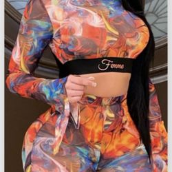 Women Two PC Pants Set Crop Tank Top Shirt 