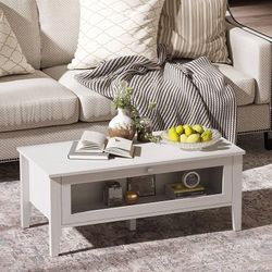 White Modern Coffee Table with Glass Door Storage,Rectangular Wooden Center Table for Living Room, 39.4"*18.9"*16"
