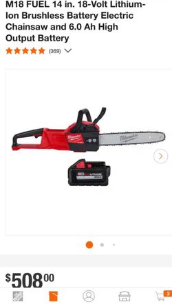 Milwaukee M18 FUEL 14 in. 18-Volt Lithium-Ion Brushless Battery Electric Chainsaw and 6.0 Ah Battery