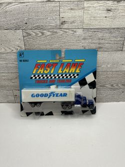 Vintage FAST LANE Blue & White ‘1991 GOOD YEAR Trucks and Trailers Hauler • Metal & Plastic • Made in China