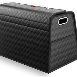 Foldable Leather Trunk Organizer for Car, SUV, Truck, MPV, Multi-Compartment Storage Box for Shopping, Camping, Picnic, Home, Garage box (Black, Stand
