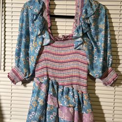 Chic Floral Ruffle Mini Dress - Blue and Pink