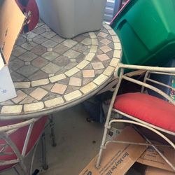 Heavy Stone “Mosaic” Style Outdoor Table W/ 4 Metal And Red Cushion Chairs