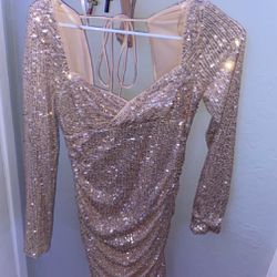 gold sequin long sleeve dress, open back size small