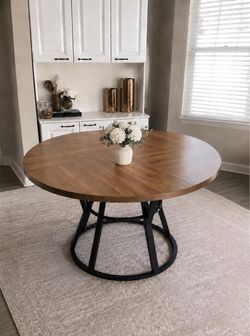47 Inch Round Dining Table for 4 to 6 Kitchen Table w/ Metal Frame Rustic Brown