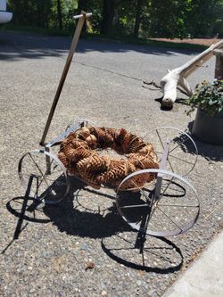 Metal Garden Cart With Pinecone Wreath