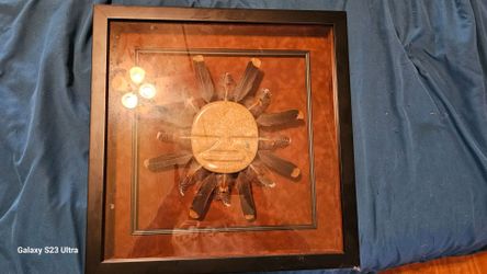 Framed Native Sun Face Art with Feathers