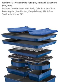 Wildone 13-Piece Baking Pans Set, Nonstick Bakeware Sets, Blue Includes Cookie Sheet with Rack, Cake Pan, Loaf Pan, Roasting Pan, Muffin Pan, Easy-Rel