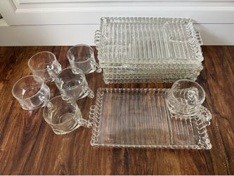 Vintage Glass Snack & Sip Trays w/cups (6)