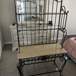 Iron Bakers Rack: Two Tiered Glass Shelves And Fo- Marble Base