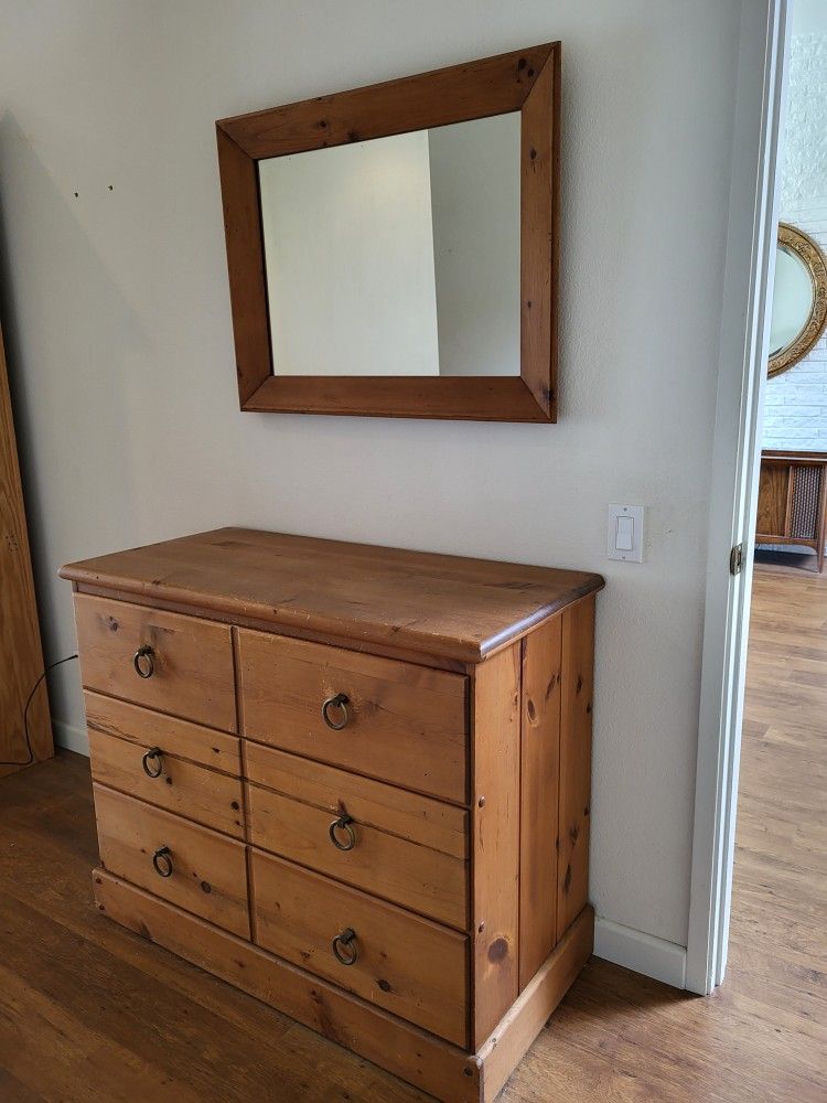 Primitive Rustic Knotty Pine Dresser, Mirror & Night Stand