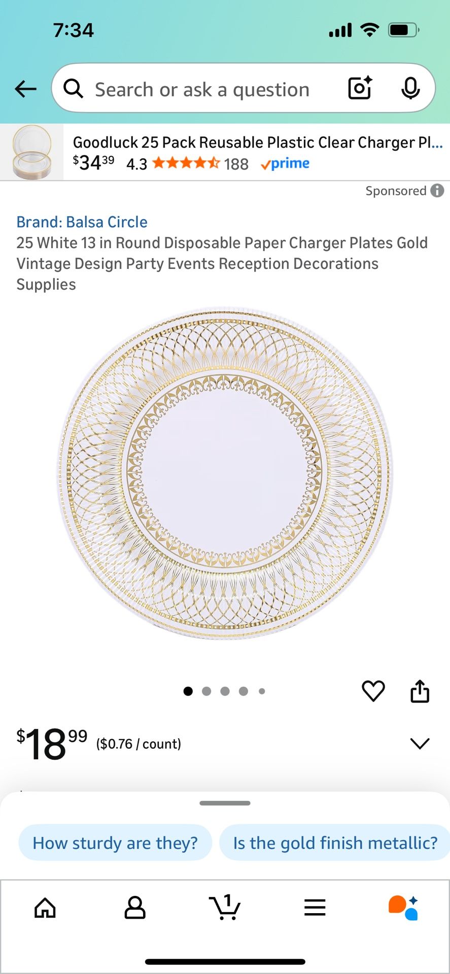 25 White Gold 13in Disposable Paper Charger Plates