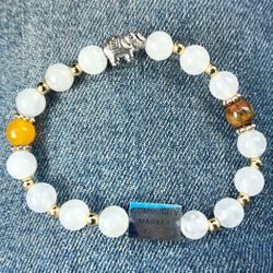 Gemstone Beaded Bracelet Elephant Charm Tigers Eye White Stone Community Market