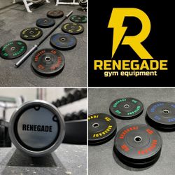 Brand New 230 Pound Renegade Olympic Bumper Plate Set With Black Zinc Olympic Barbell Free Delivery 