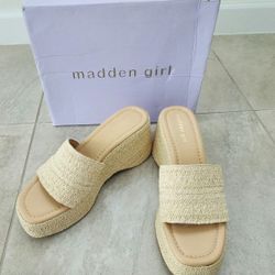 New Madden Girl Zahara Womens Wedge Sandal Platform Natural Raffia Slip-On 9.5
