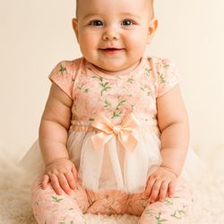 Pink floral infant baby outfit with attached tulle skirt and bow