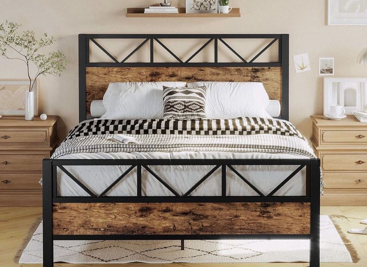 Queen Bed Frame, Tall Industrial Headboard 51.2", Platform Bed Frame Queen with Strong Metal Support, Solid and Stable, 