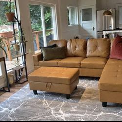 Carmel Leather Sectional Couch And Ottoman