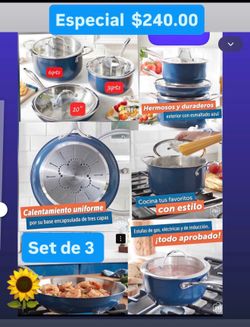 Set de 3 Nueva Caserolas Vajilla Encusulado el Azul en 3 Capas