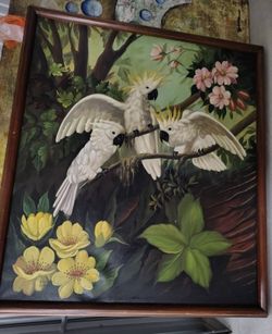 Large Framed Painting Three White Cockatoos Tropical Flowers Wood Frame