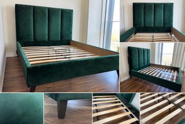Green Velvet Queen Bed Frame with Upholstered Headboard