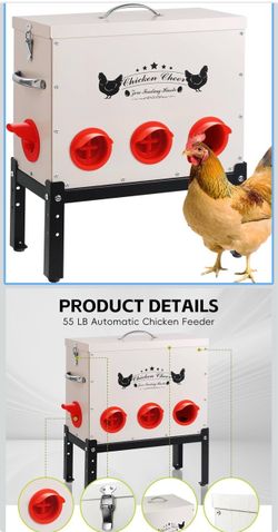 DRQ 55 LB Automatic Chicken Feeder, Metal Chick Feeder with 6 No-Waste Ports, Waterproof Poultry Feeder with Adjustable Legs, Locking Lid & Riveted Ha