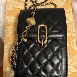 Quilted Black Phone And ID Holder With Gold Hardware