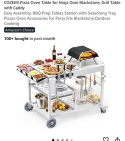 Pizza Oven Table for Ninja Ooni Blackstone, Grill Table with Caddy Easy Assembly, BBQ Prep Tables Station with Seasoning Tray, Pizzas Oven Accessories