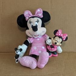 Disney Minnie Mouse Plush Stuffed Pink Polka Dot Dress Matching Bow Two  Mini Vinyl 