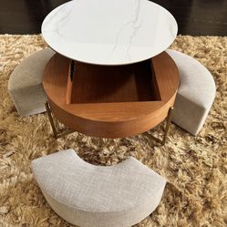 Round Lift-Top Coffee Table with Storage & 3 Stools, Faux Marble Coffee Table