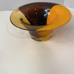 Vintage Hand-Blown Tri-Color Art Glass Vase / Bowl; Teleflora; Amber, Orange & Purple; 4” Tall