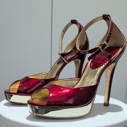 Aldo Red &amp; Gold Leather T-Strap peep toe High Heels Sandal size 37 (6.5) 