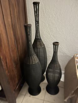 3 Decorative Black Wicker Vases 