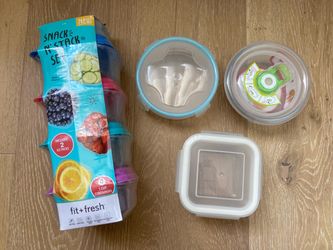 New Set Of 7 Small Plastic And Glass Food Storage Containers, Snack N’ Stack With Ice Packs