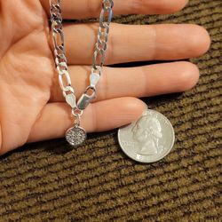 Italy 925 Solid Sterling Silver Figaro Link Bracelet w/ Saint Benedict Mini Charm for Women 7.5" Plata 925 Pulsera San Benito Para Dama 7.5"