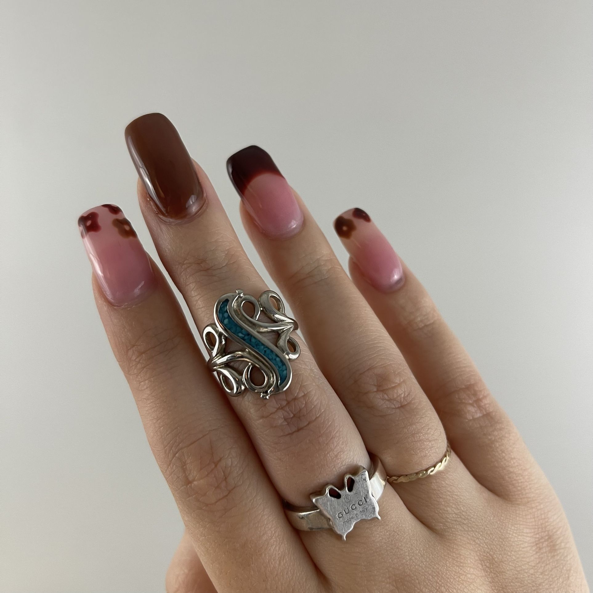 Vintage Turquoise Stone Blue Silver Swirl Design Statement Ring