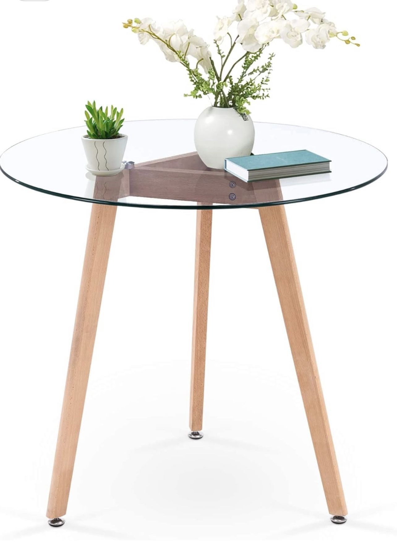 Ivinta Round Glass Dining Table, Modern Leisure Table with Wood Legs for Kitchen Dining Room Living Room, Accent Table Small Tea Table for 2