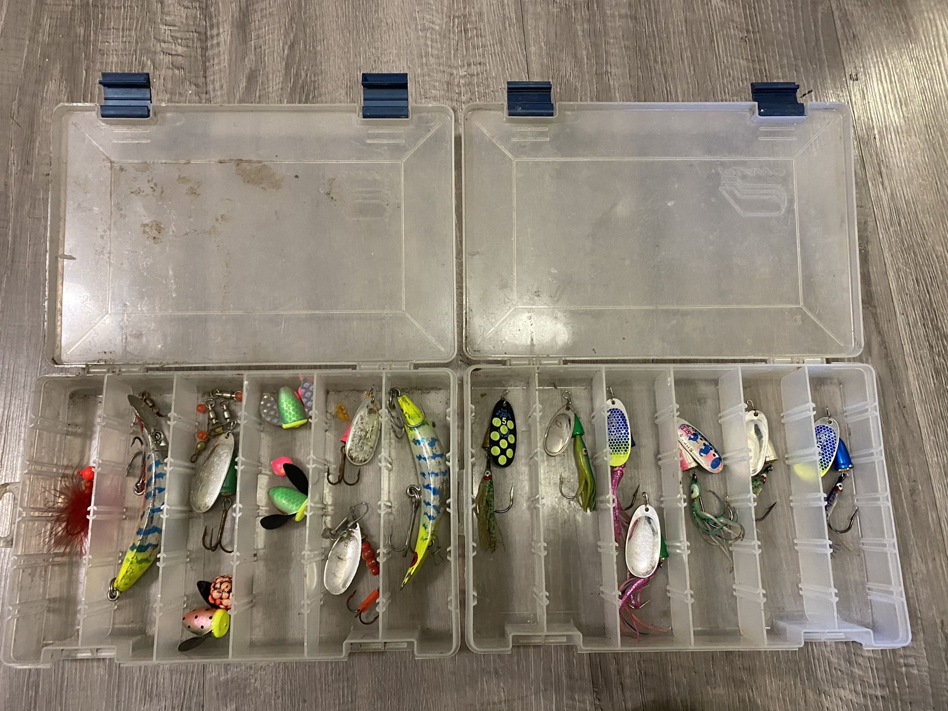 Fishing lures, mixed boxes. Lots of blue fox lures.