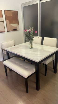Modern White Marble Dining Set – Table + 2 Chairs + Tufted Bench