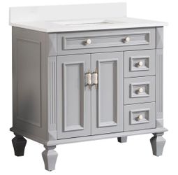 WELLFOR 36 inch Bathroom Vanity with Sink, Solid Wood Bathroom Makeup Cabinet W/2 Doors and 3 Drawers, Bathroom Vanity Storage Organizer with Carrara 