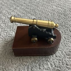 Vintage Cannon Bookend with Leather Wrapped 4x6 Base and Gold Trim