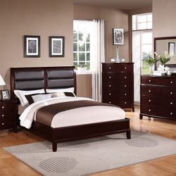 Brand New Brown Padded Leather King Bedframe, Dresser, Mirror, Nightstand 4PCs King Bedroom Set 