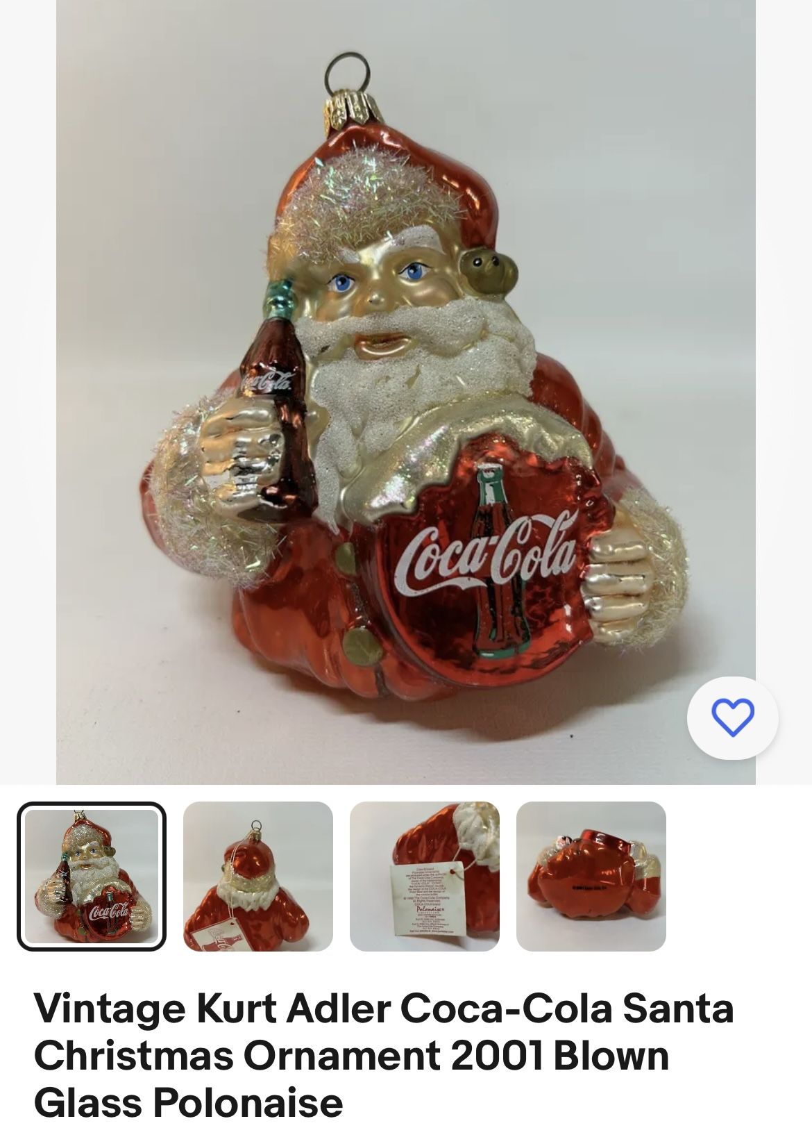 Vintage Kurt Adler Coca-Cola Santa Christmas Ornament 2001 Blown Glass Polonaise