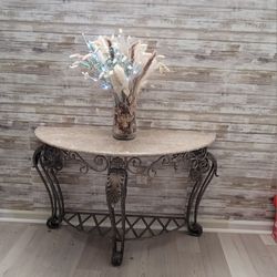 Elegant Demi-Lune Marble Top Console Table – Wrought Iron Base