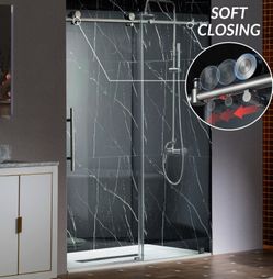 BSDC4876-B，Frameless Single Sliding Shower Doors in Brushed Nickel Finish, 45.5-48" Width × 76"Height with 3/8"(10mm) Clear Tempered Glass, Soft Close