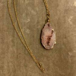 Orange Crystal Agate Druzy Quartz Pendant With A Gold Plated Chain Necklace 