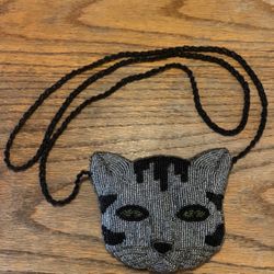Gray & Black Kitty Face Head All Sequins Beads Purse Pouch