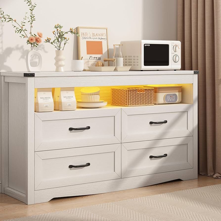 White Dresser for Bedroom, Wood 4 Drawer Dresser with LED Light, Dressers & Chests of Drawers with Metal Handles, Storage and Organization for Bedroom