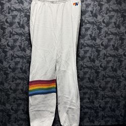 Aviator Nation Rainbow Stitch Sweatpants White - EUC - Size S  The Aviator Nation Rainbow Stitch Sweatpants in white are a stylish and comfortable opt